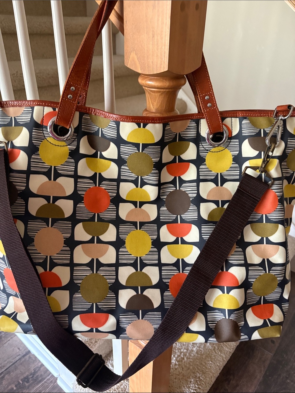 Orla Kiely Multicolor Stem Tote with Brown Leather Trim